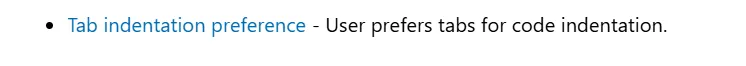 MEMORY.md 中的一条记忆条目示例:Tab indentation preference — User prefers tabs for code indentation